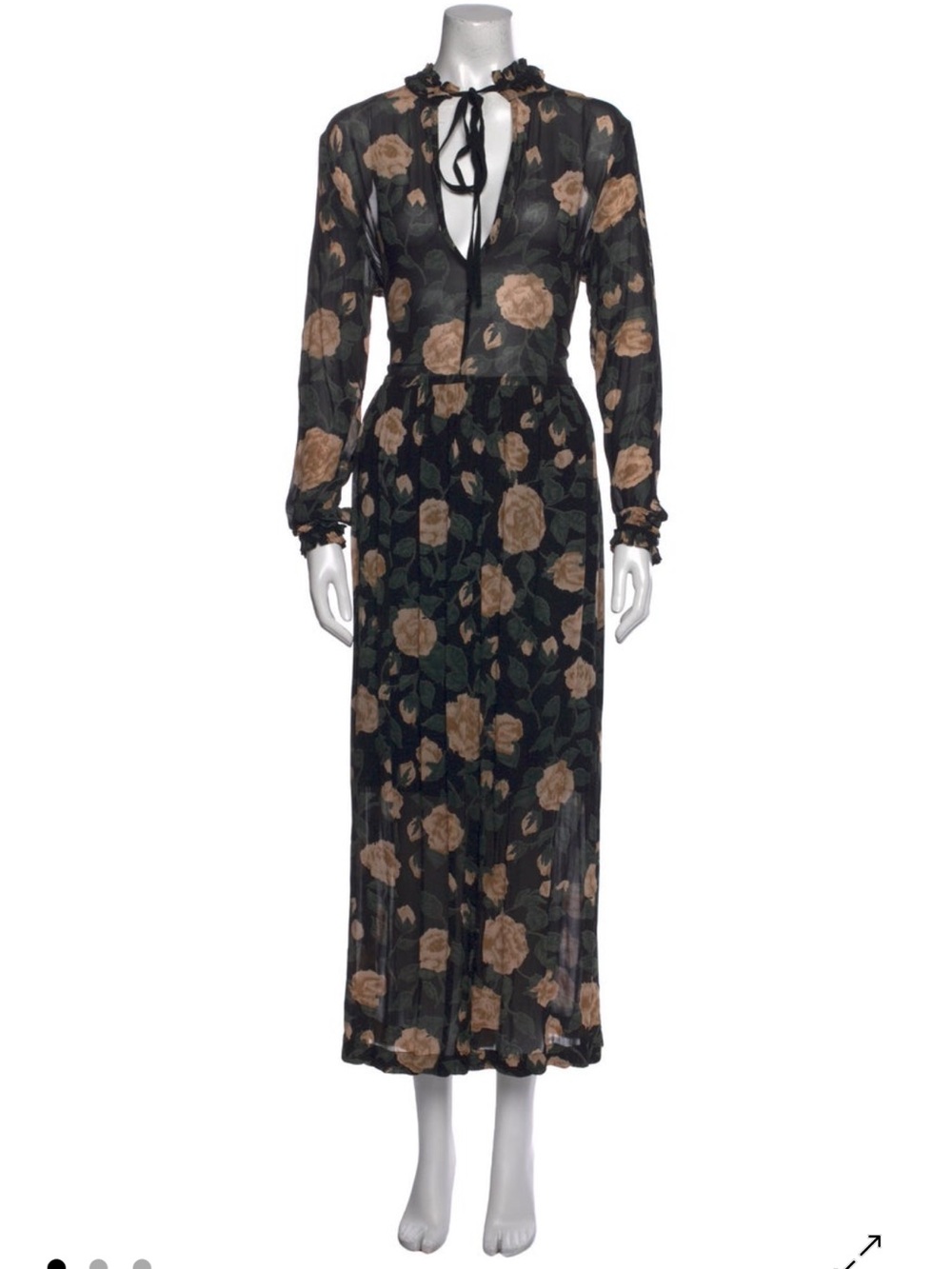 Ganni Black Floral Tie-Neck Midi Dress with Tan Roses